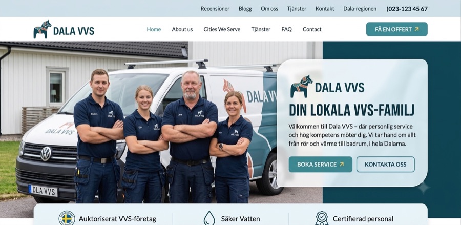 Hemsida för VVS-företag byggd av Medvind webbyrå Borlänge